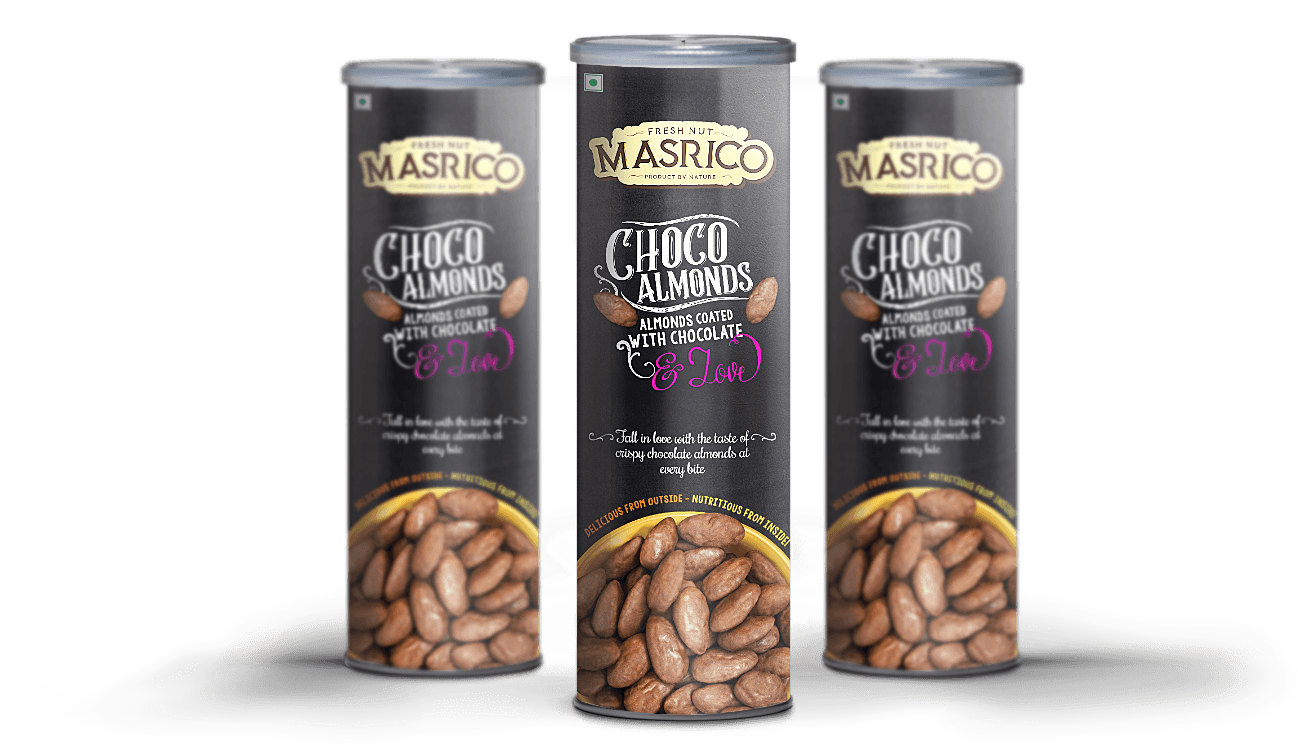 chocolate coated almonds, masrico, indian traditional almonds, american almonds, mamro badam, indian badam, mumbai, india, kesar pista almonds, salted almonds, best quality naturally coated flavoured nuts, roasted nuts, almonds, pistachios, indian snack, festival sweets, almonds, pistachios, indian sweets, healthy snacks, protein food brand, indian cashews, manufacturers, kesar pista, pakora cashews, guava chilli cashews, roasted cashews, salted cashews, salted nuts, dry fruit dealers, indian cashew brands, cashew packaging design, snacks packaging design, round tube packaging, best indian packaging design, brij design studio, handwritten packaging design,  dry fruits, best selling indian brand, indian nuts, chocolate cashews, choco cashews, choco almonds, fresh, healthy nuts